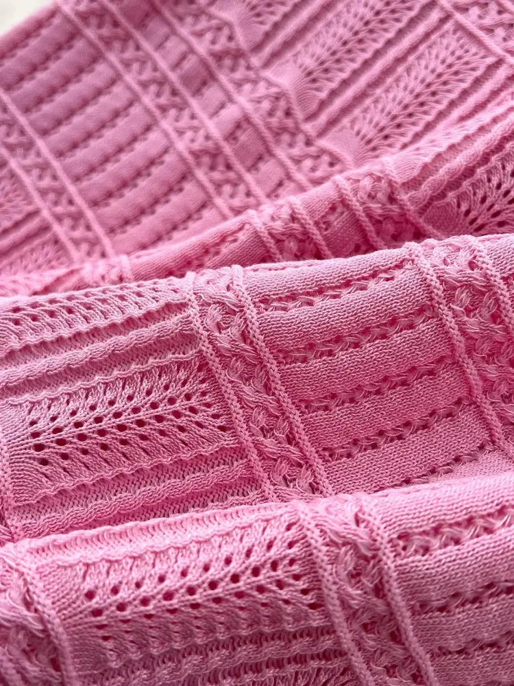 Women's Pink Square Neck Sleeveless Hollow Out Crochet Knit Midi Dress Bodycon Long Dress Summer Beach Vacation Party Dress luxecrown.co.uk