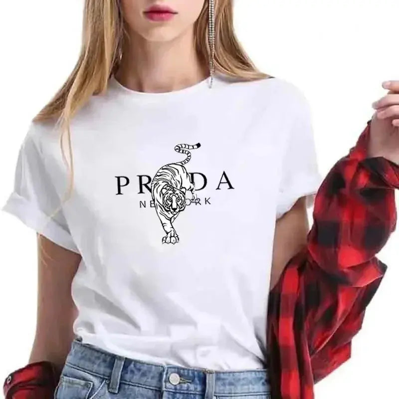 Women's Tiger Print T-shirt Short Sleeve Crew Neck T-shirt Casual Clothes Loose Streetwear Fashion Brand Women Clothing Streetsharks