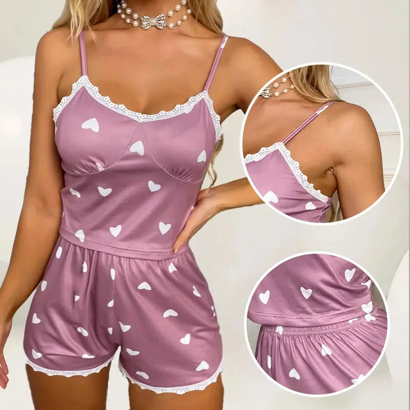 Women's Two-Piece V-Neck Suspender Lace Lace Printed Top and Shorts Women's Casual Printed Pajama Set luxecrown.co.uk
