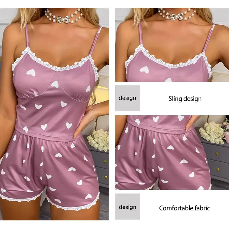 Women's Two-Piece V-Neck Suspender Lace Lace Printed Top and Shorts Women's Casual Printed Pajama Set luxecrown.co.uk