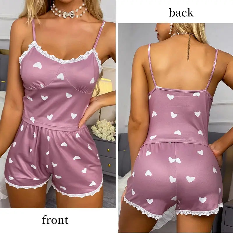 Women's Two-Piece V-Neck Suspender Lace Lace Printed Top and Shorts Women's Casual Printed Pajama Set luxecrown.co.uk