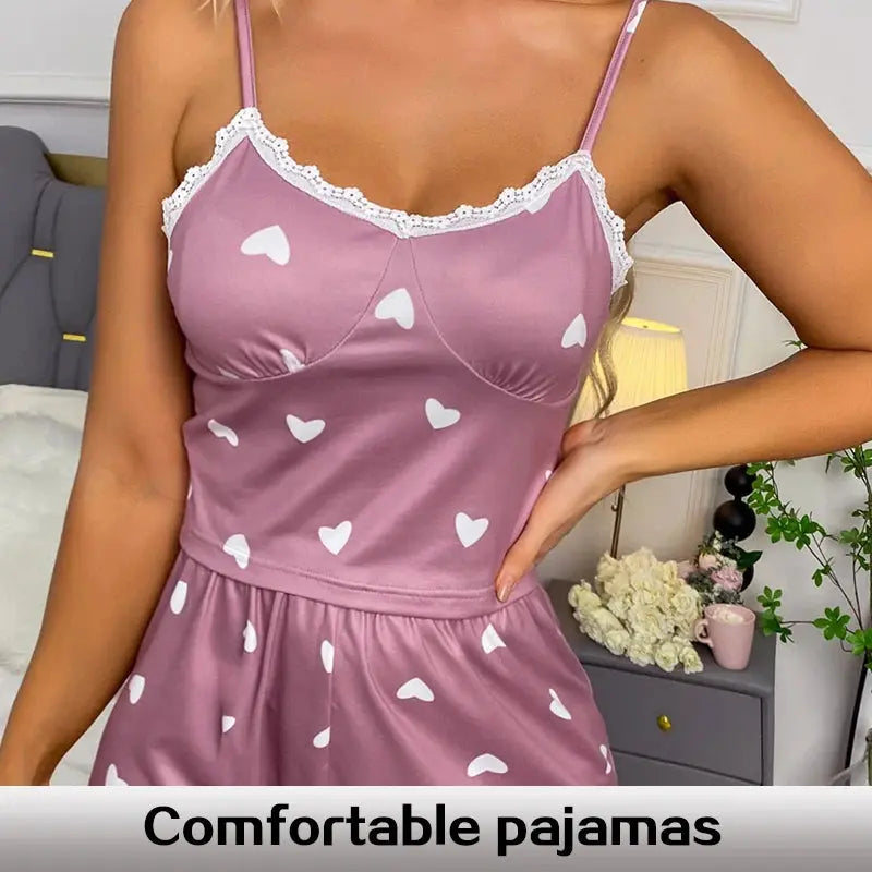 Women's Two-Piece V-Neck Suspender Lace Lace Printed Top and Shorts Women's Casual Printed Pajama Set luxecrown.co.uk
