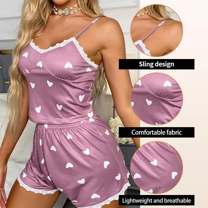 Women's Two-Piece V-Neck Suspender Lace Lace Printed Top and Shorts Women's Casual Printed Pajama Set luxecrown.co.uk