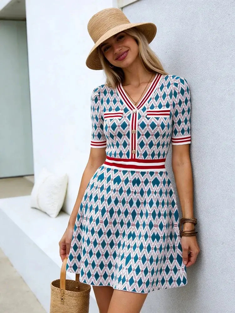 Women's V-Neck Short Sleeve Knit Dress Geometric Argyle Print Contrast Trim Flare Mini Dress Casual Summer Daily Party Dress luxecrown.co.uk