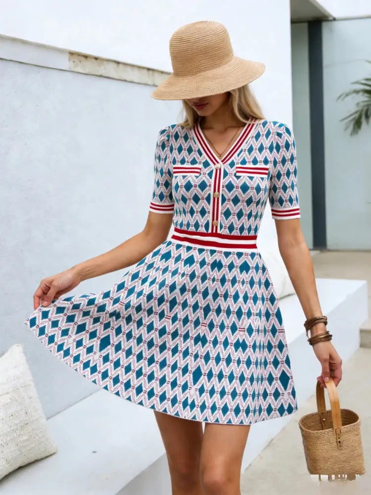 Women's V-Neck Short Sleeve Knit Dress Geometric Argyle Print Contrast Trim Flare Mini Dress Casual Summer Daily Party Dress luxecrown.co.uk