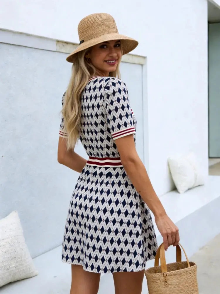 Women's V-Neck Short Sleeve Knit Dress Geometric Argyle Print Contrast Trim Flare Mini Dress Casual Summer Daily Party Dress luxecrown.co.uk