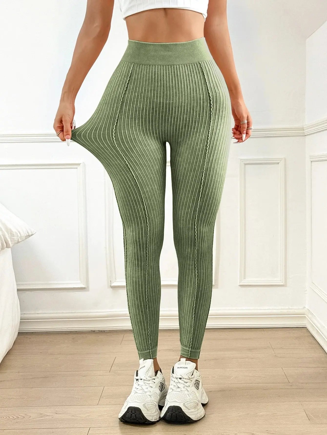 Womens Sand Washed Ribbed Leggings High Waisted Yoga Leggings V Shaped Waistband Peach Booty Lifting Fitness Pants for Workout luxecrown.co.uk