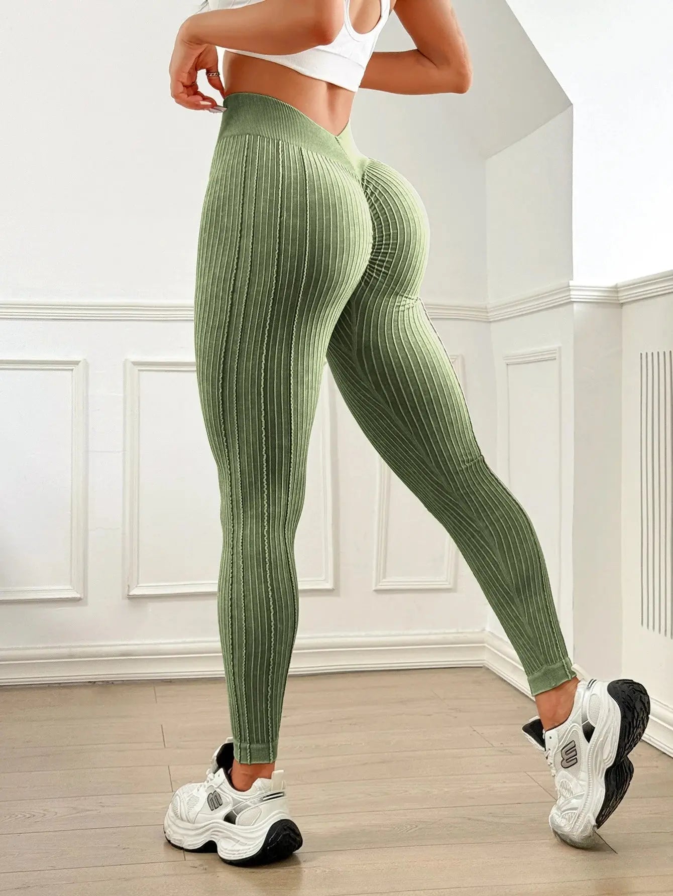 Womens Sand Washed Ribbed Leggings High Waisted Yoga Leggings V Shaped Waistband Peach Booty Lifting Fitness Pants for Workout luxecrown.co.uk