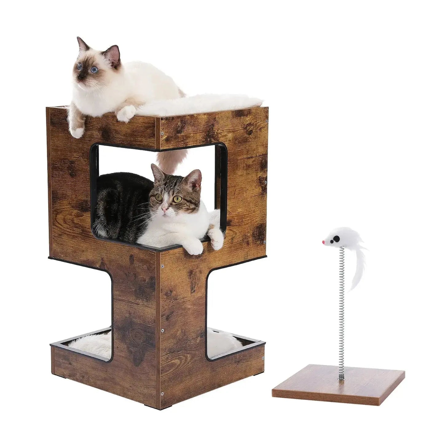 Wood Cat Condo House Bed with Removable Soft Mats Modern Cat Tree Tower with Scratching Pad Cat Scratcher Furniture Kitten Toys luxecrown.co.uk
