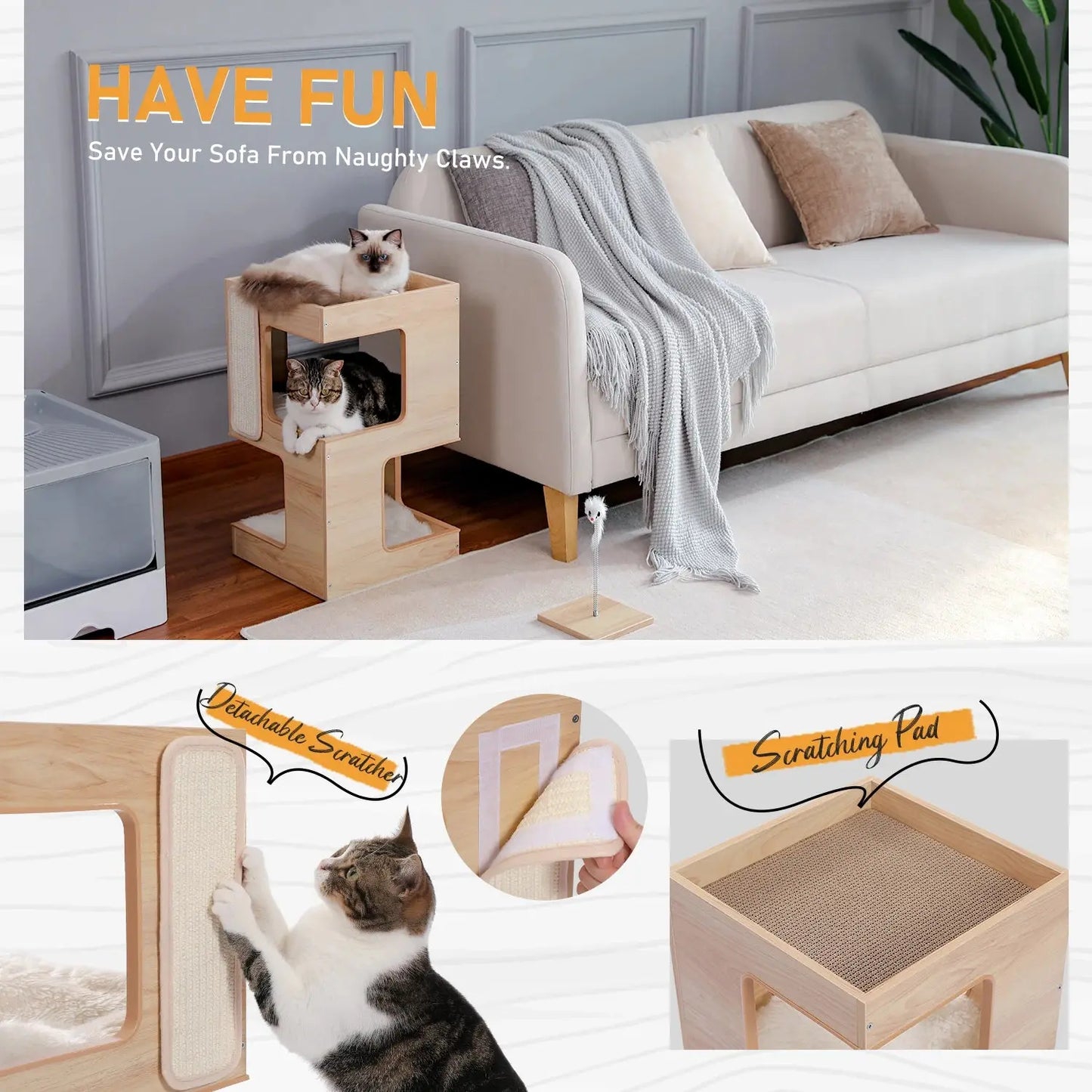 Wood Cat Condo House Bed with Removable Soft Mats Modern Cat Tree Tower with Scratching Pad Cat Scratcher Furniture Kitten Toys luxecrown.co.uk