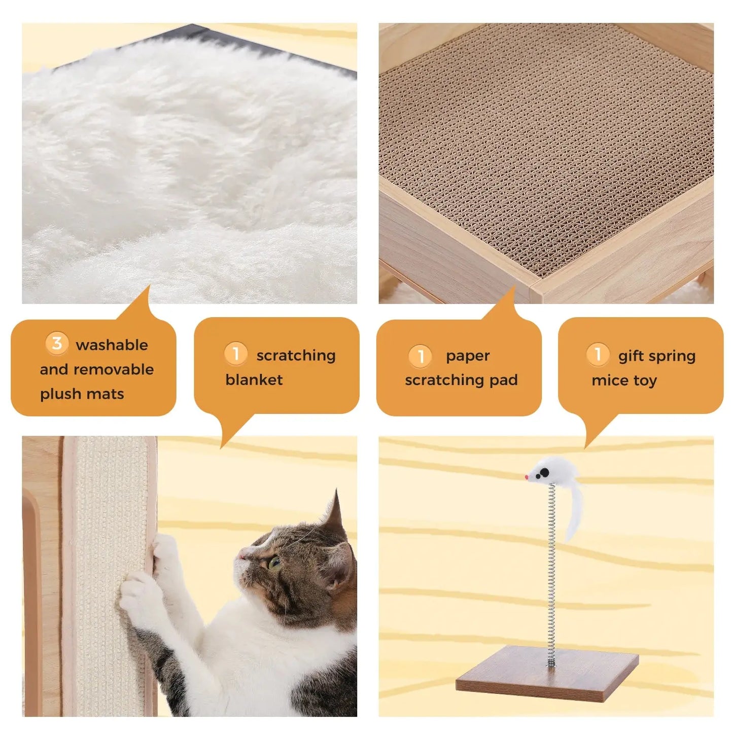Wood Cat Condo House Bed with Removable Soft Mats Modern Cat Tree Tower with Scratching Pad Cat Scratcher Furniture Kitten Toys luxecrown.co.uk